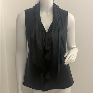 Elie Tahari Sleeveless V Leather Top ruffle + Tie